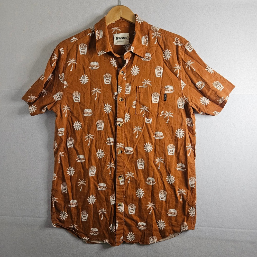 Pyknic Mens Large Rust Orange Burger Fries Palm Tree Print Short Sleeve Shirt
